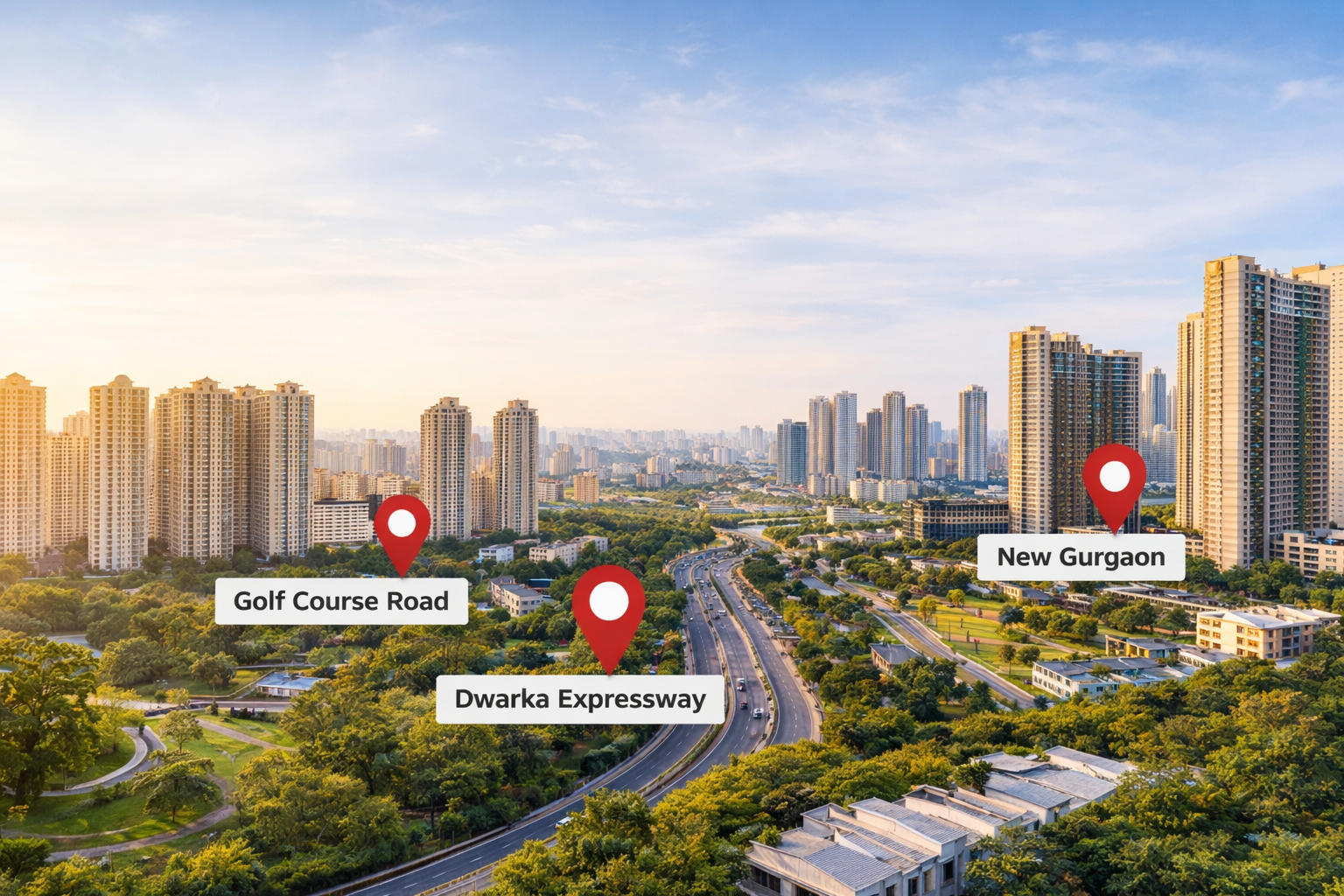Aerial view of Gurgaon showing residential high-rise buildings, Dwarka Expressway, green belts, and major micro-market areas highlighting connectivity and real estate growth