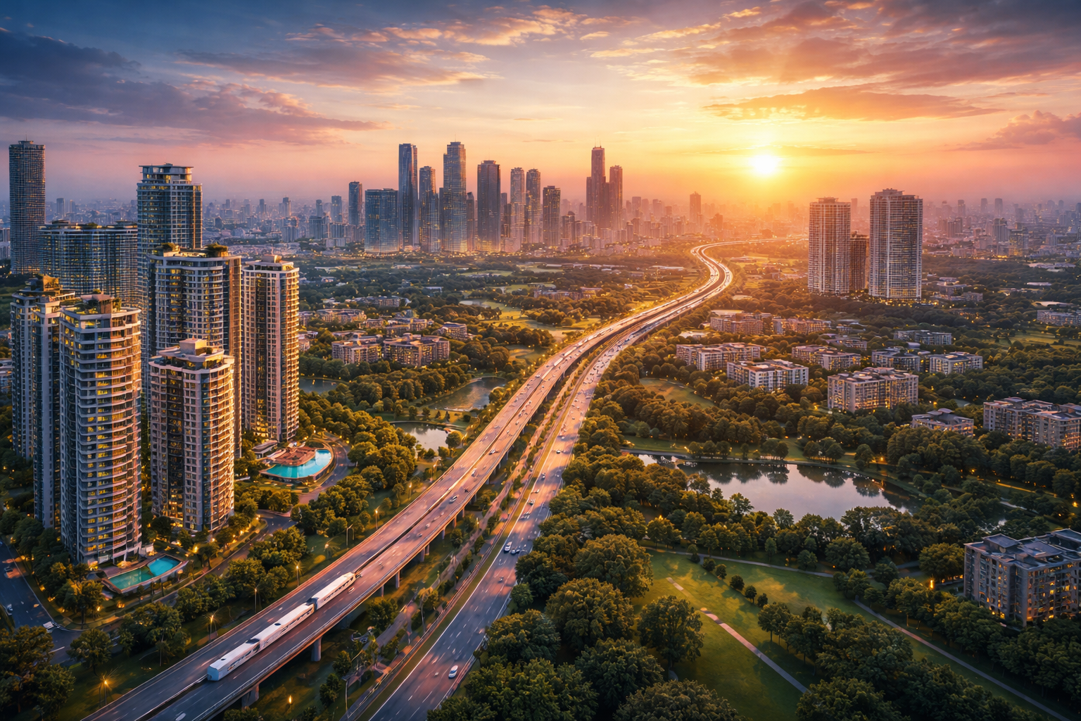 Aerial view of Gurgaon skyline with high-rise buildings and Dwarka Expressway at sunset