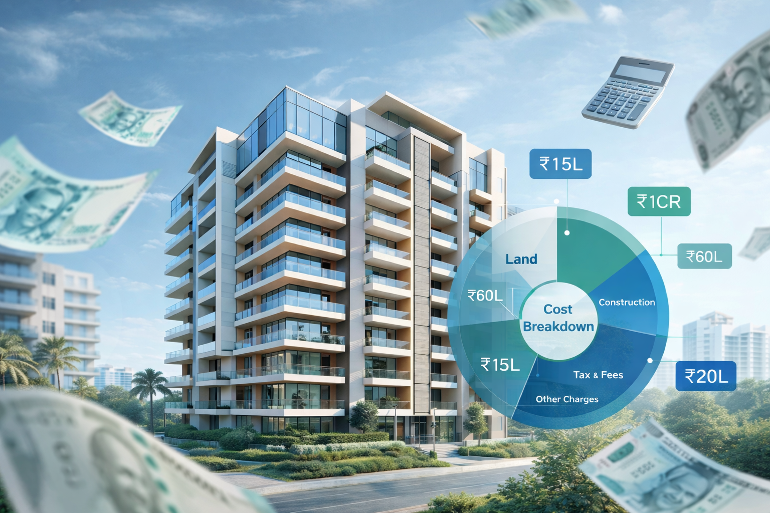 Modern residential apartment buildings in Gurgaon with overlaid cost breakdown showing hidden property buying expenses including stamp duty, GST, and maintenance charges