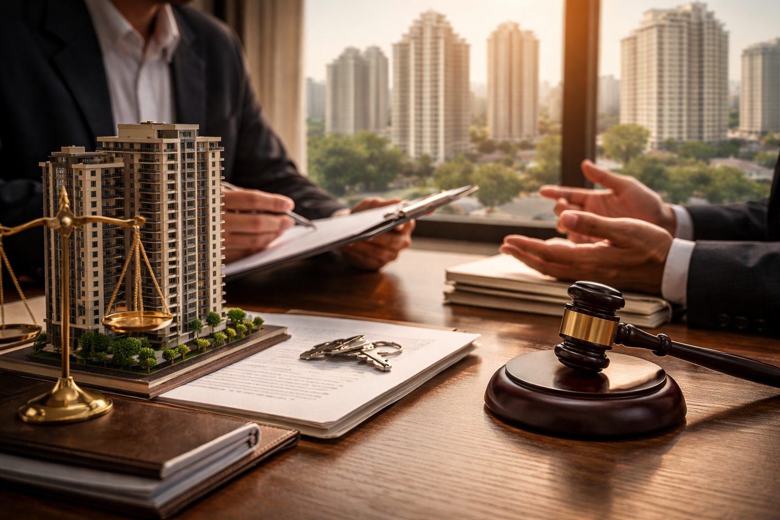Legal property consultation in Gurgaon with documents, house model and city skyline background